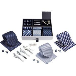 Men’s Gift Tie Set Silky Necktie Pocket Squares Tie Clips Cufflinks For Men